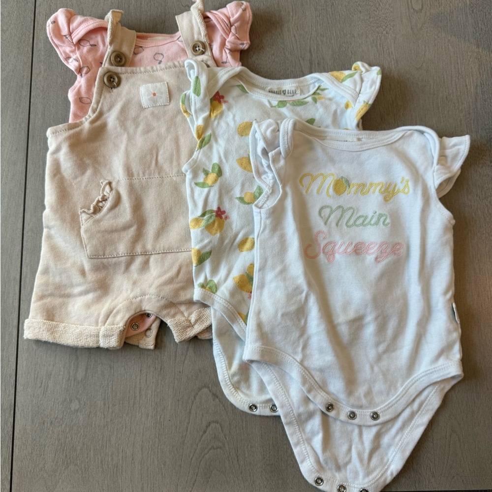 Rabbit Bear onsies (3) with overalls 3-6m